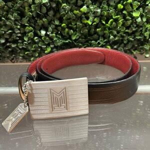 Chic Black and Red Leather Belt with Silver Buckle